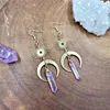 Dangle Earrings Natural Purple Quartz Aura Crystal Brass Eye And Moon Witchy Goddess Jewelry Rainbow