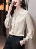 Elegante Frauen Chiffon Hemd Koreanische Bluse Büro Spitze Mesh Langarm Rüschen V NeckTops Casual Vintage Pullover Blusas 240226