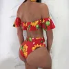 2024 New Split One Line Shoulder Lotus Leaf Edge Suower Print High Waist Sexy Bikini Swimsuit