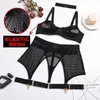 Ellolace Set di quattro pezzi Lingerie erotica Kit reggiseno trasparente Push Up See Through Lace Langerie Mesh Reggicalze intimo senza cuciture 240305