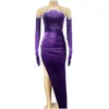 Stage Wear Sparkly Argent Strass Élastique Longue Robe Femmes Violet Velours Split Élégant Soirée Bal Anniversaire Célébrer Outfi