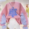 High's High Street Street Letture Disual Pink Striped Dortswork Ptickwork O-Deace Sweatshirt Sweet Sweet Lady Women Lourd