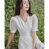 Party Dresses Toyouth Women Dress 2024 Summer Puff Sleeves Lace V Neck A-shaped Loose Elastic Waistline French Romantic White Skirt