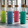 Wine Glasses 500 Ml Simple Design Of Bamboo Cover Glass Water Bottle With Lid And Silicone Protective Sleeve-Bpa Free