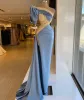 Silk Satin Evening Gold Appliques Puff Sleeve Mermaid Prom Gowns Slim Side Split Red Carpet Fashion Party Dresses BC18148