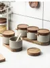 Food Jars Canisters Ceramic Airtight Jar Tea Storage Tank Home Food Storage Containers Wooden Lid Seasoning Jar Kitchen Canister Sets Sugar Bowl