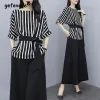 Capris Casual Fashion Striped Print Sashes Pant Sets Summer 2023 Oneck Half Sleeve Tops Elastic Waist Wide Leg Pants Loose Women Sets