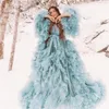 Party Dresses Chic Robe Tulle Prom Long Sleeves Puffy Ruffled V-Neck Floor Length Multi-layer Evening Dress Design Fashion