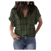 Kvinnors blusar vintage blus Lous Tops Femme Blusas kort ärmtryck tryck utskrifter Casual Plaid Pocket V-Neck Arts Style