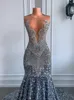 Vintage Sparkly formal Dresses Sheer O-neck Luxury Silver Crystals Diamond Sequin Mermaid Black Ladies Prom Party Gowns