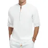 Mens Casual Cotton Shirt Långärmband Band krage Henley Solid Color Topps 240226