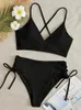 Kvinnors badkläder Bikini Kvinnor Swimsuit 2024 Solid Black High midja Bikinis Set Lace Up Bathing Summer Brasilian Beach Two Piece Two Piece