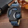 Mode Cowboy Blauwe Denim Horloges Heren Sporthorloges 2 Tijdzone Lederen Band Quartz Horloges Man Horloge Relogio Masculino 220275w