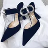 Rhinestone Shoes Dress Buckle 274 Bling High Heels Pointy Toe Crystal Pumps Women Mules Silk Suede Slippers Slingbacks Party Wedding