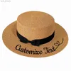 Chapeaux à larges bords Chapeaux de seau Broderie Texte personnalisé Votre nom Black Bow Str Hat Femmes Chapeau de soleil Panama Chapeau de plage Cadeau de fête de mariée L240308