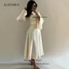 Aleeshuo Simple Arabia Saudita color sólido manga larga Vestidos De Noche ALine plisado gasa cuello redondo vestido De fiesta hasta el tobillo 240227