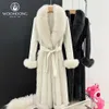 Wuhuang Haining Rabbit Integrated Coat, 여성의 긴 무릎 길이 여우 모피 칼라, 따뜻한 보호를 위해 두껍게 280529