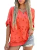 Blusa feminina primavera/verão com decote em v cor sólida oco camisa feminina manga enrolada malha retalhos camisa solta topo 240223