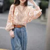 Women's Blouses Commute Vintage Floral Folk Printed Shirt Female Clothing Round Neck 2024 Spring Summer 3/4 Sleeve Stylish Button Loose