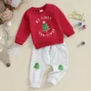 Kläder set spädbarn baby pojke flicka jul 2 bit outfit långärmad crewneck sweatshirt topp och byxuppsättning