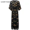 Kleid MARYYIMEI New Fashion Runway Designer Damen V-Ausschnitt Puffärmel Perlenkette Pailletten Glänzend Spleißtyp Vintage Kleid