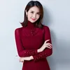 Kvinnors T -skjortor 2024 Spring Autumn Long Sleeved Turtleneck s Elegant Slim Beading Solid Color Red Mesh Tops Tees