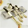 Set di stoviglie Posate occidentali vintage 24 pezzi Coltelli da pranzo Forchette Cucchiaini Set Stoviglie di lusso in acciaio inossidabile Stoviglie con incisione Dhbhi