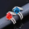Cluster Rings LEEKER Retro Cube Square Blue Crystal For Women Silver Color Leaf Ring Female Jewelry Accessories ZD1 XS8