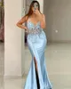 2024 Aso Ebi Light Sky Blue Robe de bal sirène fleurs perlées soirée formelle fête deuxième réception 50e anniversaire robes de fiançailles robes robe de soirée Zj67 328