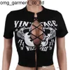 2024SS Womens Clothes Sexig kortärmad modemärke Designer Grafisk kvinna Ny sommar ihålig skördetoppar damer TEES Bandage Tryckt kläder Tshirts