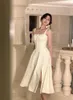Casual Dresses 2024 White Vintage Split Slip Dress Sleeveless A-Line Elegant Bohemian Sexig Fishbone Bandage Kvinnlig sommaren backless