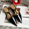 T-Shirt Aneikeh 2024 Women Fashion Strange Style Low Heel Single Shoes Summer Sexy Gold Pointed Tee Clip Hollow Shoes Office&Career3540