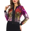 Vestes Femmes Slim-Fit Femmes Veste Paillettes Dégradé Couleur Cardigan Élégant Col V Pour Manches Longues Fermeture À Glissière Fermeture Manteau Club