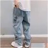 Men'S Jeans Cross Embroidery Retro Washed Men Baggy Jean Trousers Vibe Style Hip Hop Died Vintage Denim Pants Pantalons Capris Drop D Dhxki