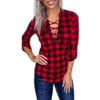 Women Plaid Tops Streetwear Long Sleeve Vneck Shirts Ladies Casual Fashion Print Lace Up Blouse Christmas Party Tshirt 240229