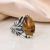 Cluster Anéis Antiguidades Banhado A Prata Natural Tiger Eye Pedra Anel Masculino Vintage Dedo Casamento Banda Aniversário Coleção Jóias