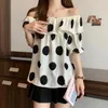 Blouses pour femmes Été Chemise en mousseline de soie à manches courtes pour femmes Casual Polka Dot Sweet Ruffles Blouse Off Épaule Tops Vêtements amples 27905