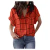 Kvinnors blusar vintage blus Lous Tops Femme Blusas kort ärmtryck tryck utskrifter Casual Plaid Pocket V-Neck Arts Style