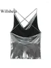 Women's Tanks Willshela Women Fashion Silver Pleated Backless Cropped Tops Vintage Thin Straps Swinging Collar Female Chic Lady