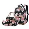 Skolväskor Kinesisk stil Flower Canvas ryggsäck för barn Floral Book Bag Set Teenage Girls 'Ryggsäckar 3st/Set