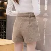 Shorts Autumn Winter High midja bred ben Woolen Shorts Kvinnor Khaki Gray Black Fashion Warm Shorts With Belt Aline Short Femme 18009