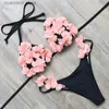 Women's Swimwear Solid Black Swimsuit Women Low Waist Bikini Set with Flower Decoration Beach Swimwear Bathing Suit S-XL L240308