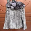 2024 True Rabbit Woven Coat with Fox Hair Collar Long Sleeped Haining Women's Fur Top 670062