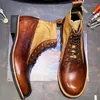 Botlar Retro Patchwork Orijinal Deri İngiltere Stil Vintage Casual Work Boot Dantel Yukarı Yüksek Üst Sabah Sakinler Açık Binicilik Büyük Boyut