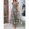 Vestido floral de cintura alta estilo casual feminino com decote em v robe grande taille femme vestido de noite modesto