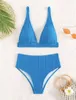 Mulheres de banho de cintura alta biquíni conjunto 2024 v pescoço feminino com nervuras de duas peças maiô beachwear biquini fatos de banho