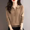 Blouses pour femmes Classique Automne Hiver Couleur unie Tricot Chemise à manches longues Femmes Polo Col Bouton Décoration Casual Lady