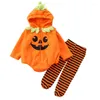 Kläder sätter barnflickor Jumpsuits Set Pumpkin Print dragkedja Lång ärms hoodie Romper och randiga byxor 2 -bitar outfit