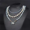 3PCSSet Natural Pearl Necklace Set för kvinnor Crystal Butterfly Pendant Stone Choker Handgjorda smycken Kvinnlig krage 240305