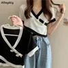 Croped Tshirt Patchwork Summer Design Simple Slim AllMatch Casual Harajuku Sweet Girls Stylish Tops Tees Ulzzang Daily 240228